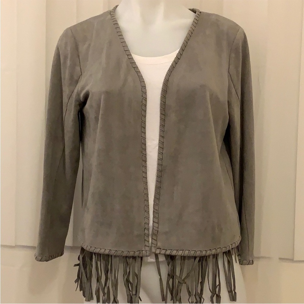 Tahari Fringe Trim Faux Suede Gray Jacket size medium western boho cowgirl